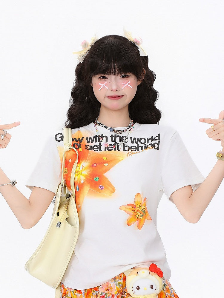 Print with White Kawaii T-shirt Daily Floral Round Neck