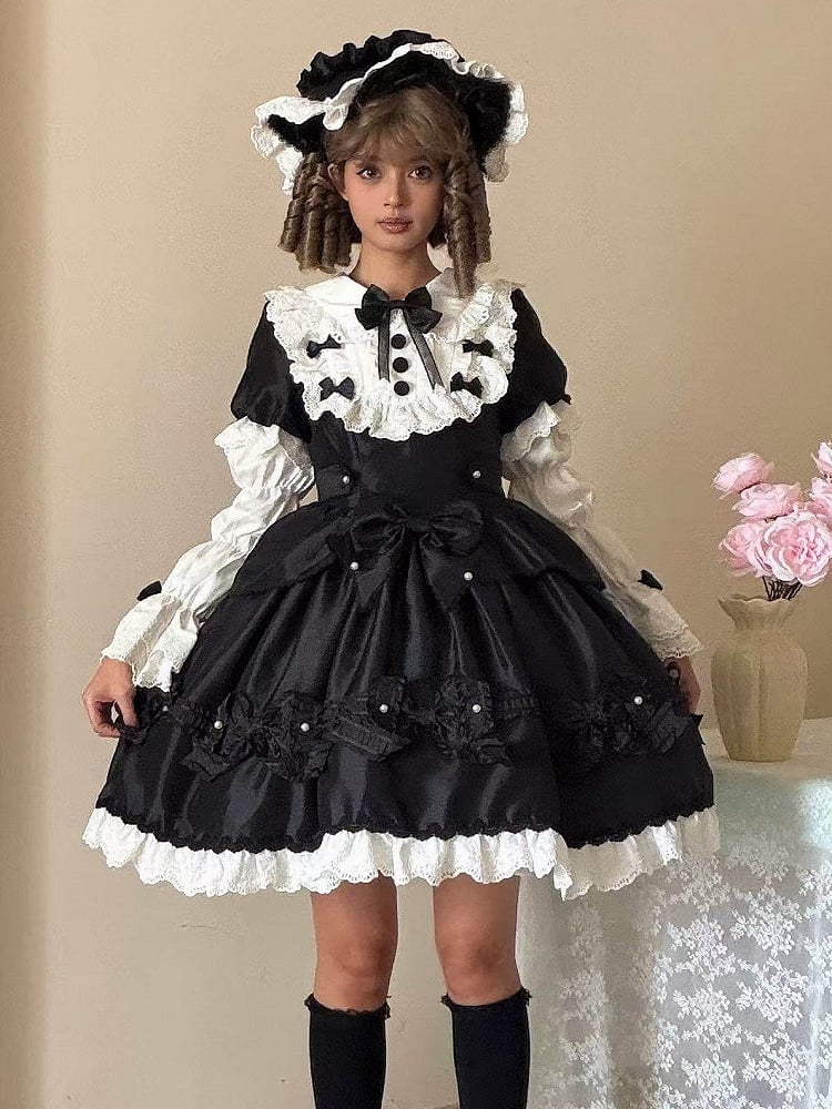 Details Dress with White Sweet Bead Trimmed Black Lolita Lace and Bow