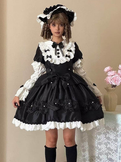 Details Dress with White Sweet Bead Trimmed Black Lolita Lace and Bow