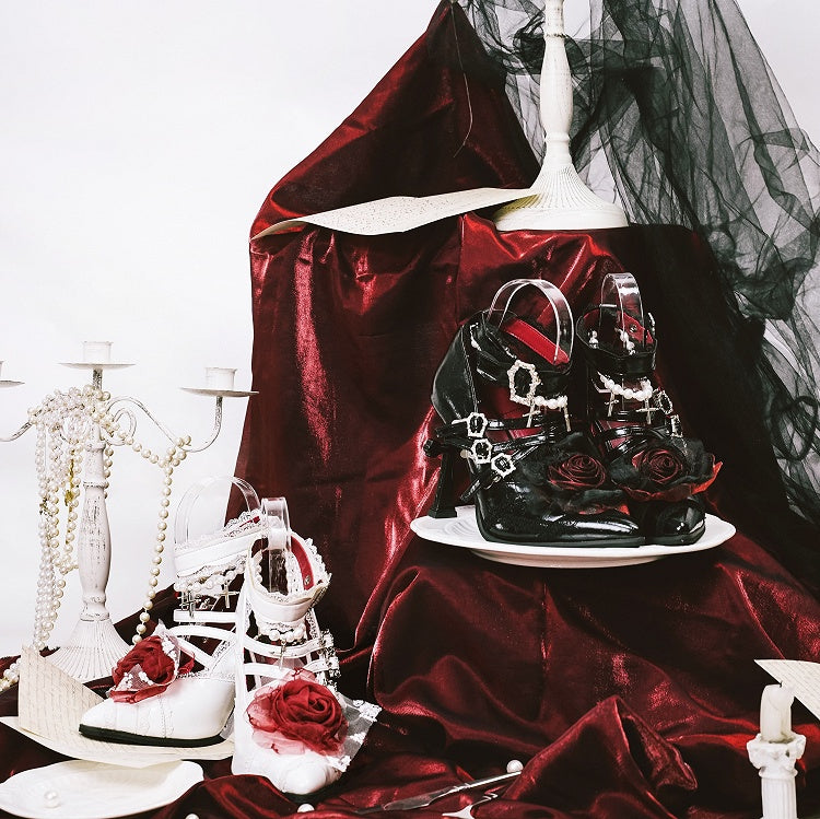 Gothic Black Pointed Toe Heels with Cross Heels, Beaded Strap & Rose Shoe Clips