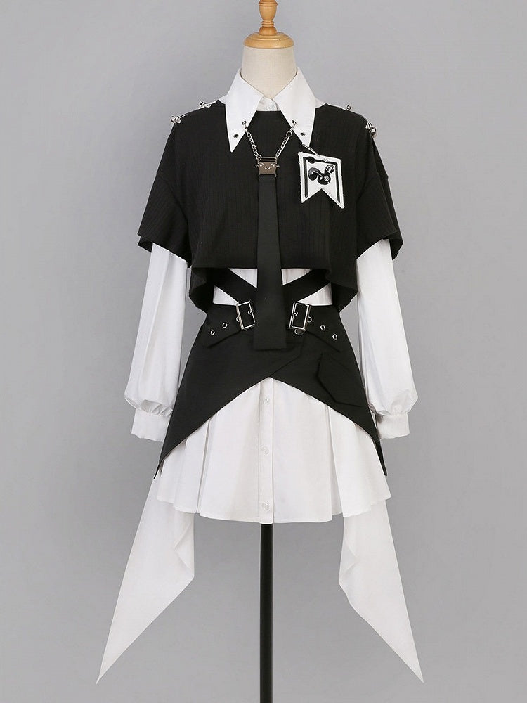 White Button-Front Long Gown with Necktie and Flowing Hem