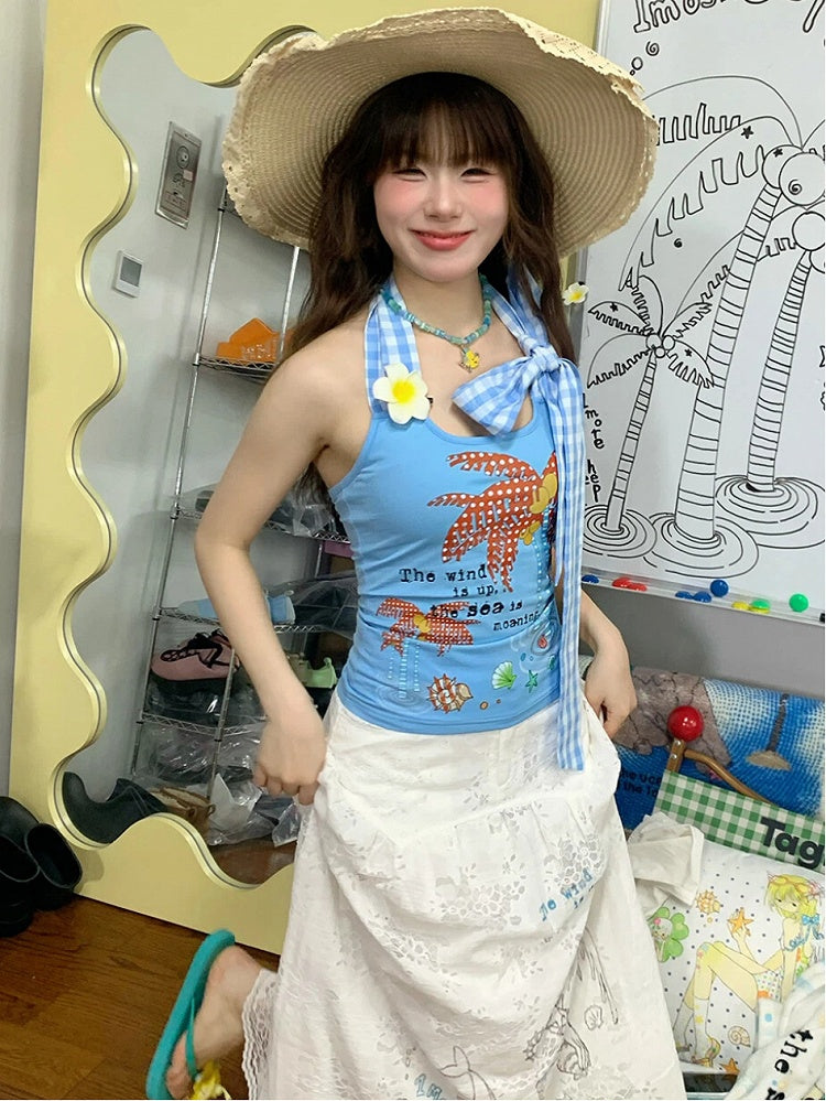 Palm with Self-tie Print Halter Blue Top Red