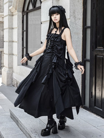 Loose Drawstring Ruffles Scarf Dress Necklace Cascading Design + Goth Black