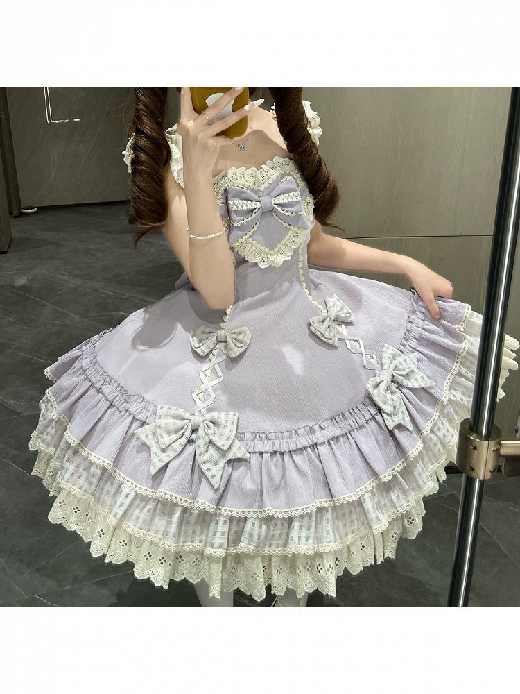 Bow-Accented Lolita JSK Dress in Purple Plaid with Lace Trim - Yinying Lolita