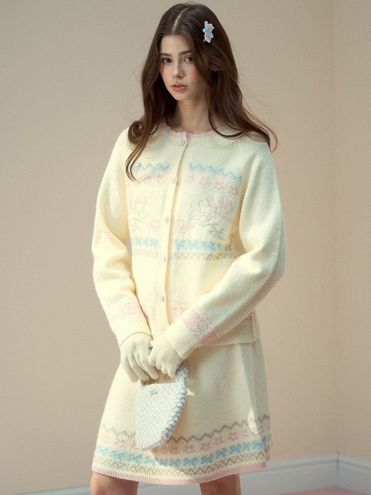 Cat with Vintage Kawaii Knit Beige Design Pattern Skirt