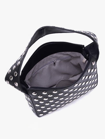 Edgy Black Studded Wide-Strap Shoulder Bag