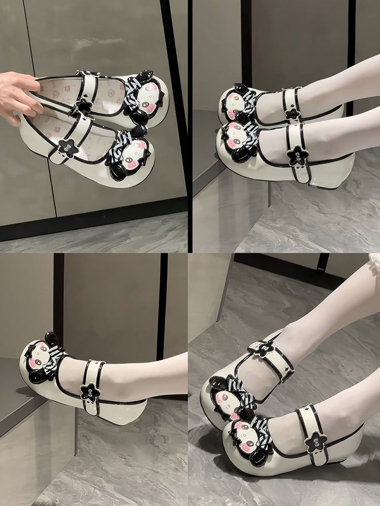 Flower Lolita Shoes Rabbit Motifs Black Velcro Details - Strap Sweet Toe Round