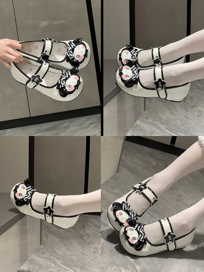 Flower Lolita Shoes Rabbit Motifs Black Velcro Details - Strap Sweet Toe Round