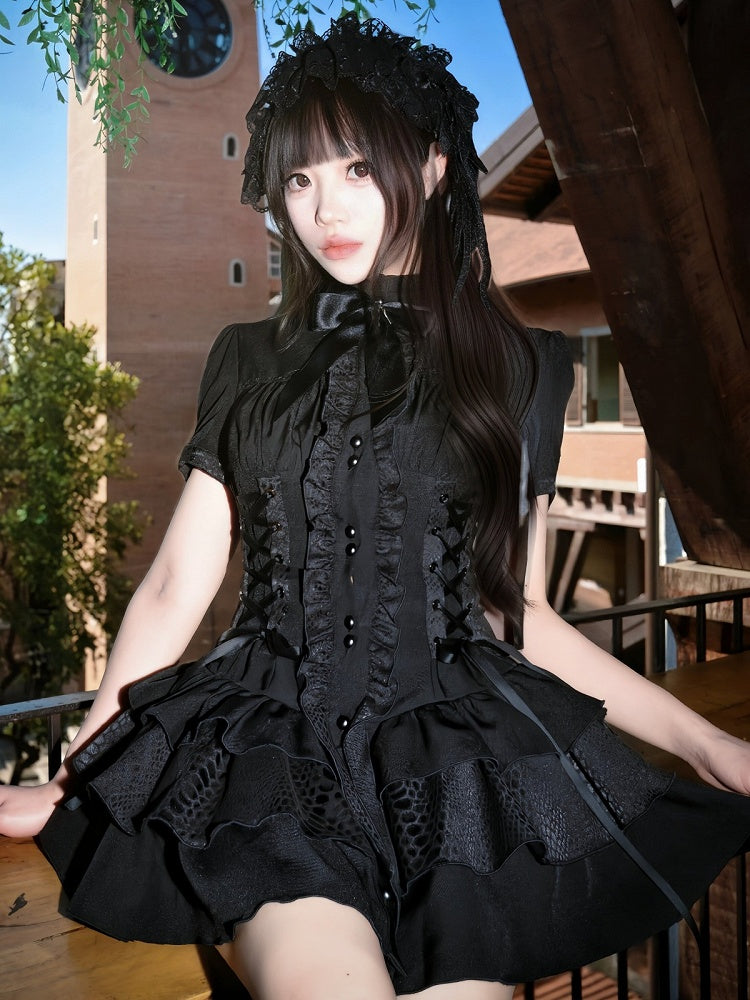 Gothic Layered Ruffle Lolita Dress in Black with Stand Collar & Cinched Waist, Short Sleeve - muggle studio