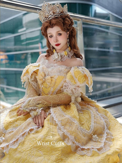 Lolita Layered Gown Lace Yellow Version and with Long Hanayome Ruffles Bow Hime Details Off-Shoulder