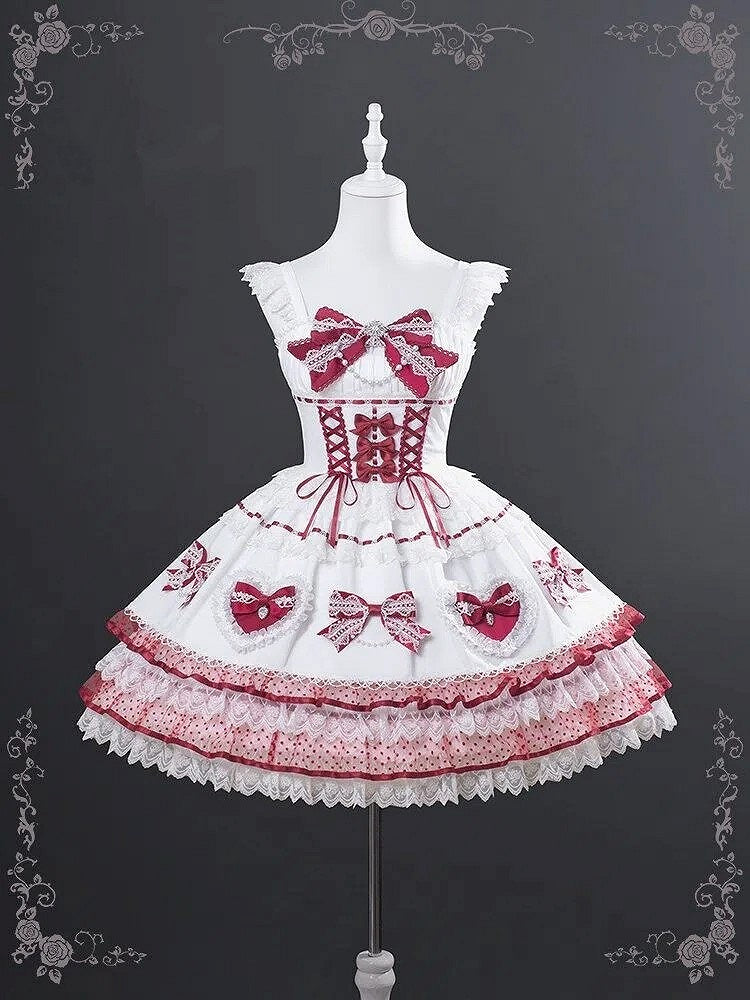 Heart Dress Red JSK Wine Bow with Sweet Appliques Accents Lolita