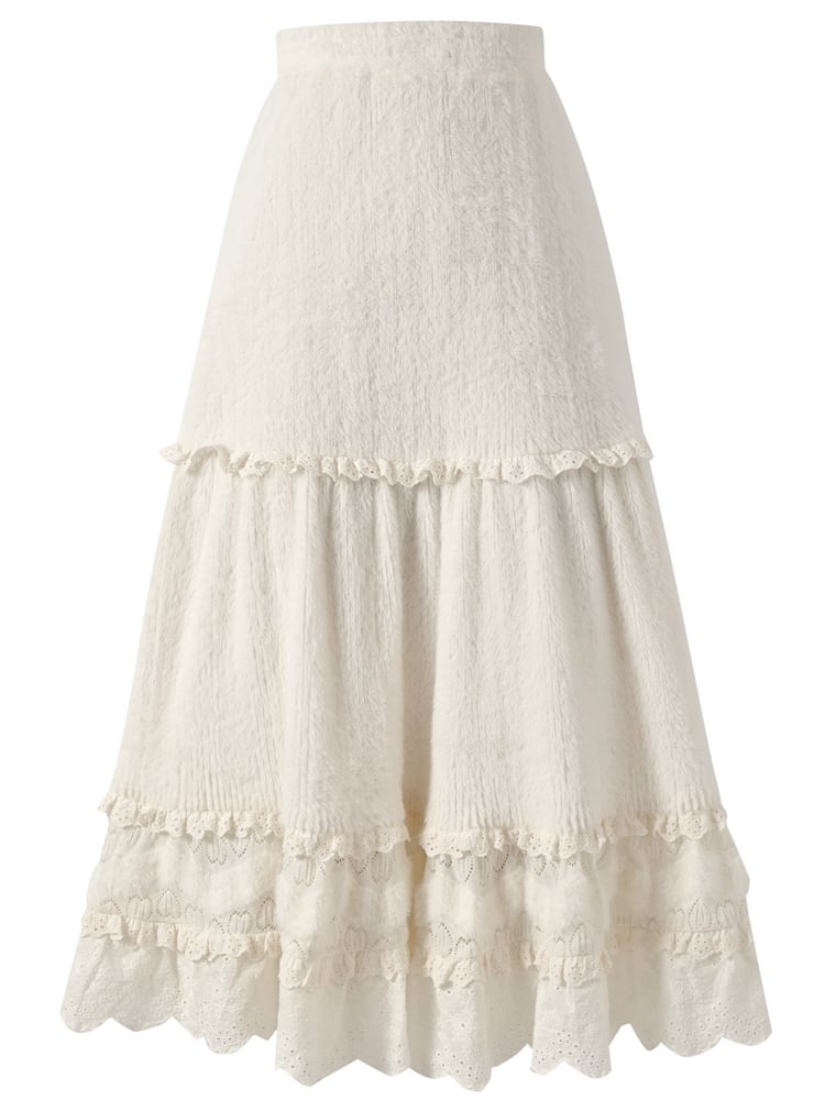 Beigefarbener Midirock mit hoher Taille und Spitzenakzenten und Volantsaum