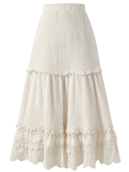 Beigefarbener Midirock mit hoher Taille und Spitzenakzenten und Volantsaum