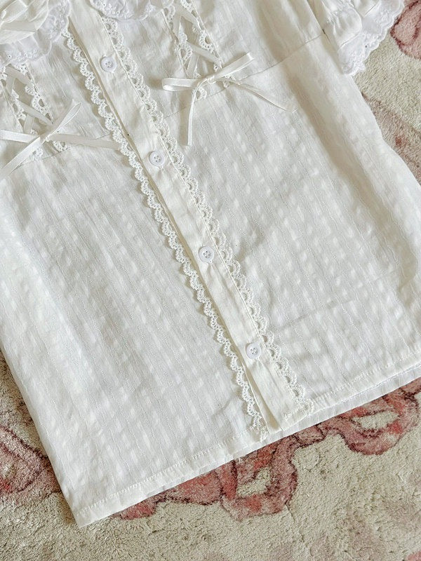 White Sweet Peter Pan Collar Short Sleeve Cotton Blouse Lolita - Jelly Girl