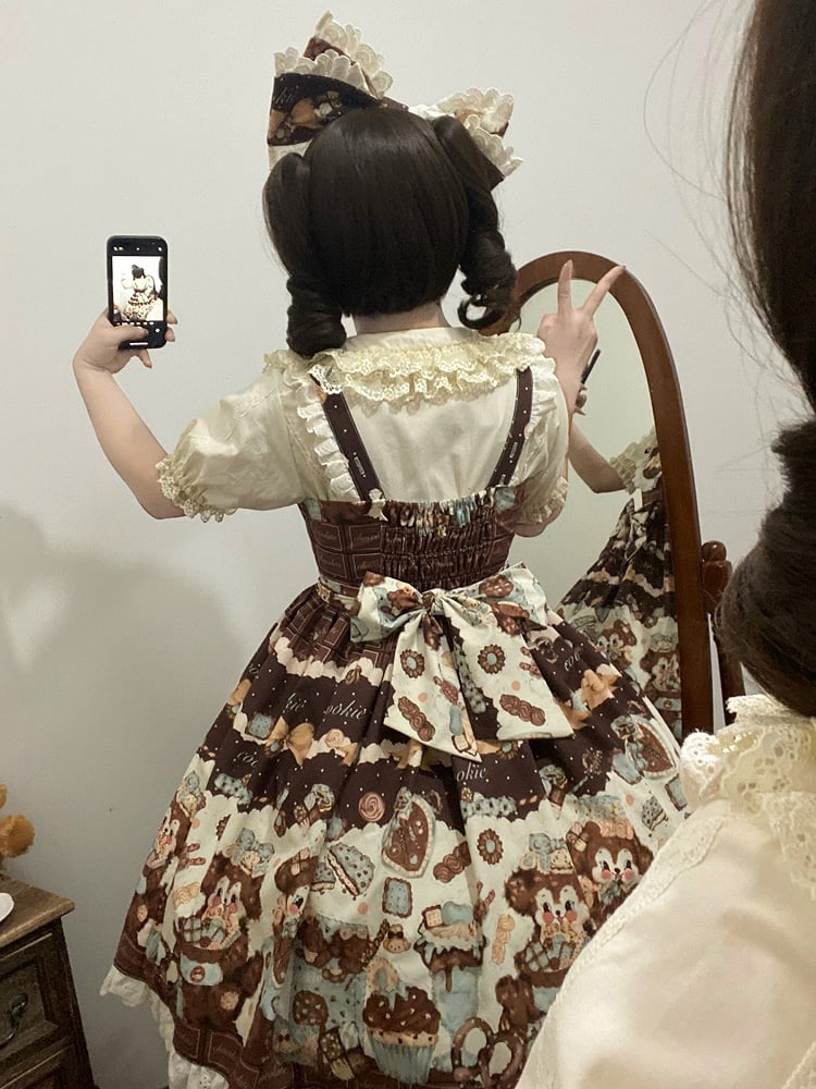 Cookies Lolita Waist Sweet Cute JSK Brown High and Fluffy Set Puppy Full Print