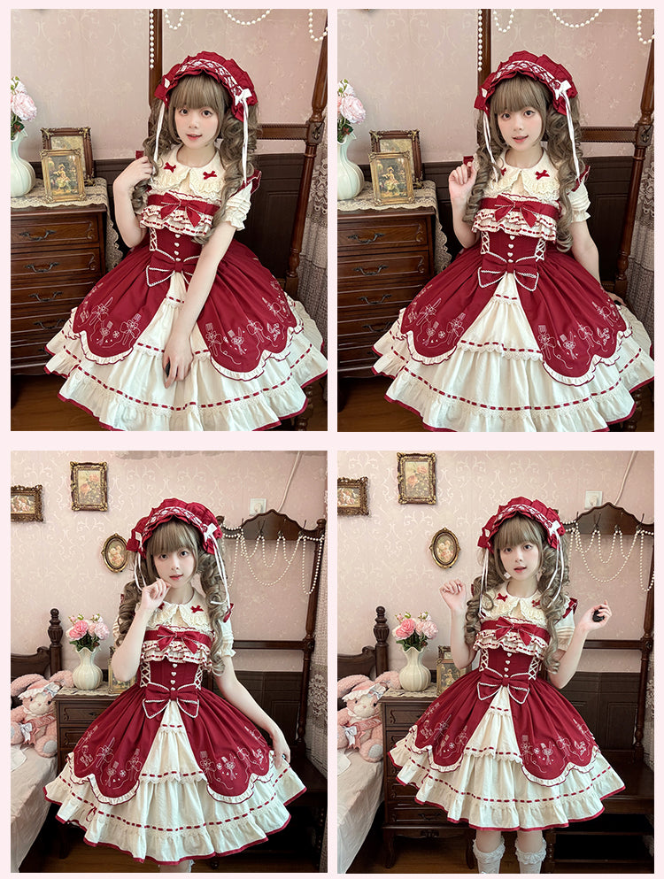 リボン結び ワインレッド ピーターパンカラー スイートベージュ フリル