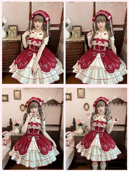 リボン結び ワインレッド ピーターパンカラー スイートベージュ フリル