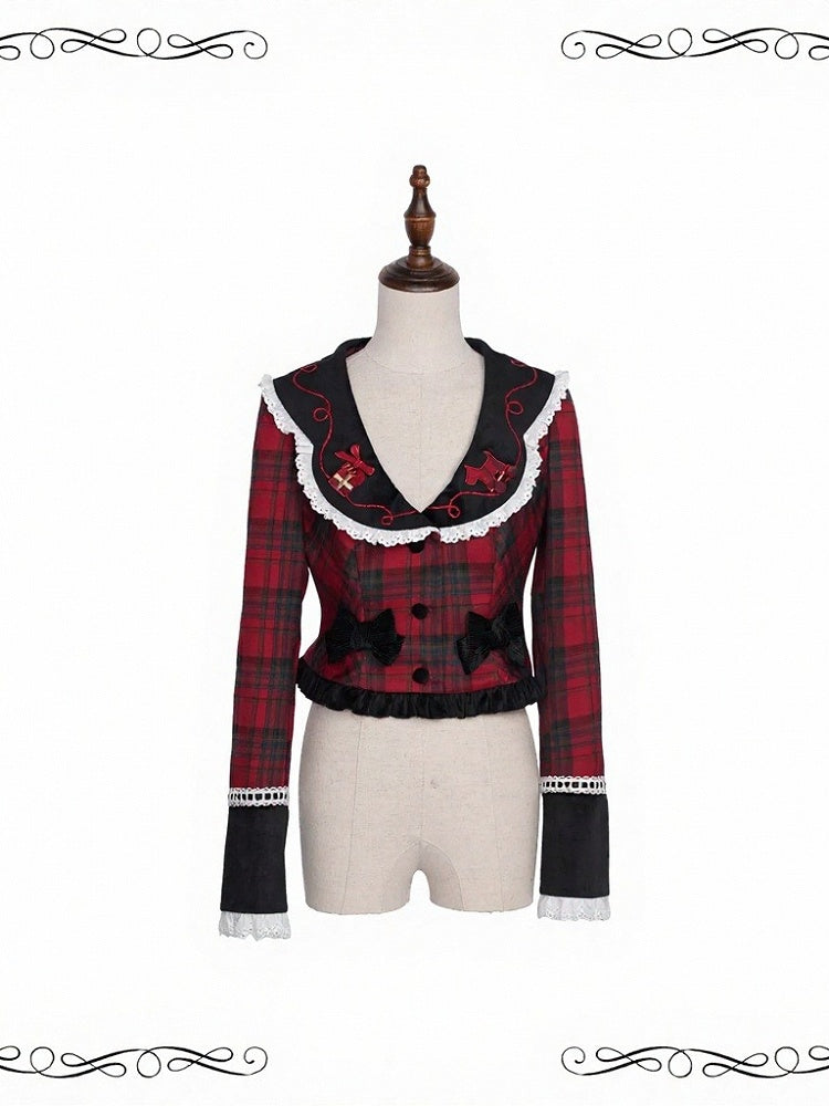 Plaid Pattern Jacket with Embroidery and Bowknot in Red or Pink - iris de nuit