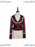 Plaid Pattern Jacket with Embroidery and Bowknot in Red or Pink - iris de nuit