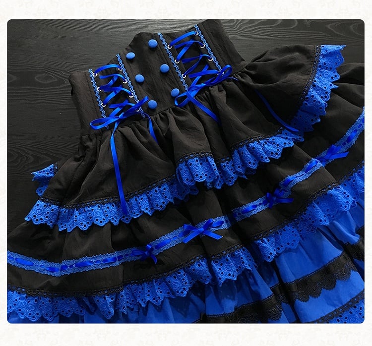 Mehrlagiger Lolita Gothic Blauer Taillenrock Hoher Schwarzer Klein und Korsett