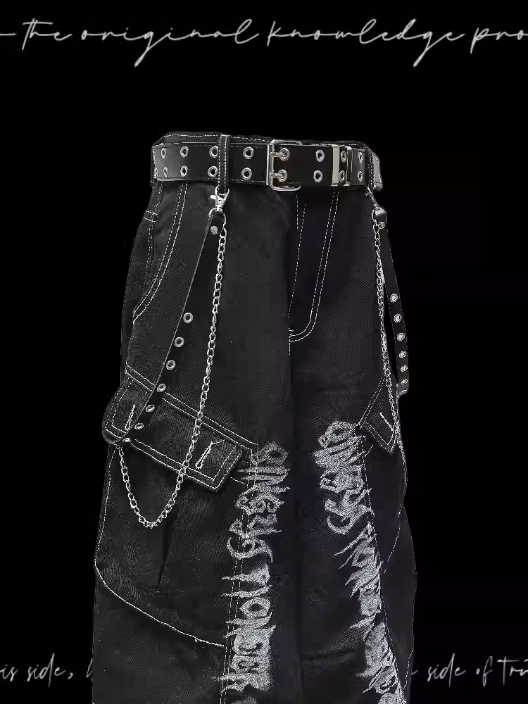 Jeans Schwarz Punk Print Vintage Weites Bein Cargo