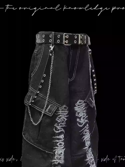 Jeans Schwarz Punk Print Vintage Weites Bein Cargo