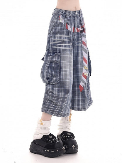Blue Plaid Denim Wide Leg Cropped Pants with Belt Print - KNOW8 Online Shop