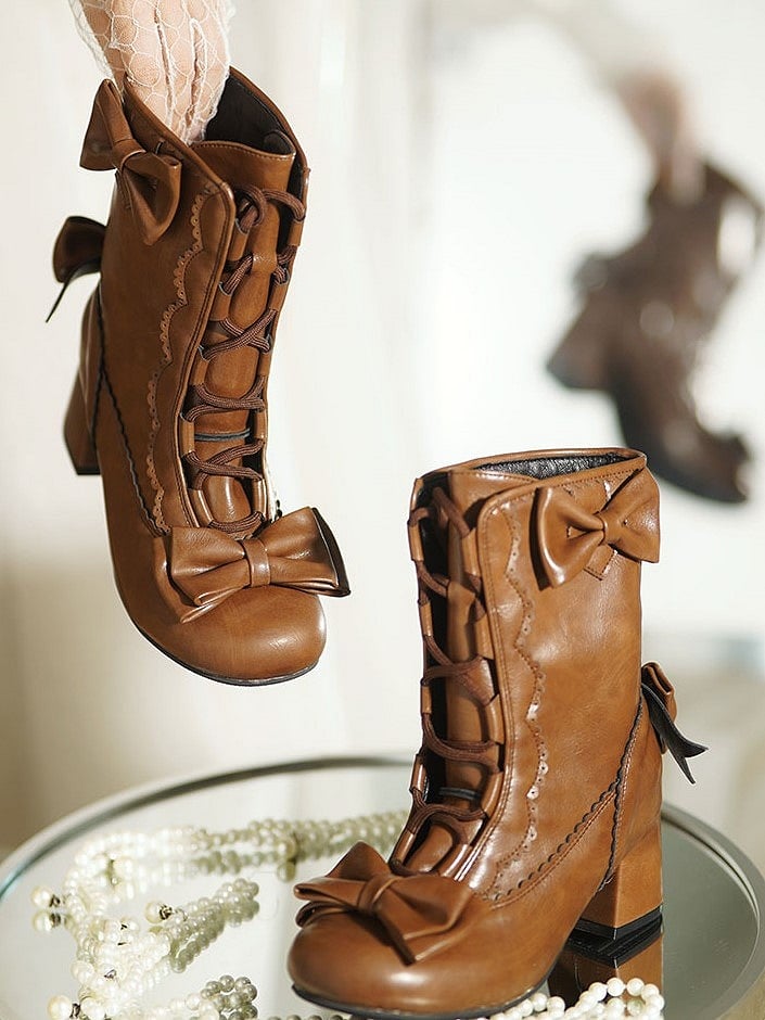 Scalloped Crisscross Mid-calf Lacing Trim Sweet with Boots Lolita Brown