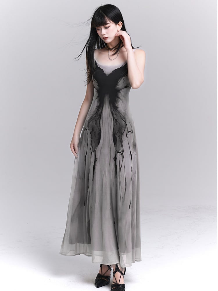 Gothic Gray Butterfly Slim-fitting Slip Dress