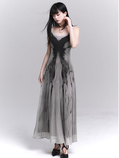 Gothic Gray Butterfly Slim-fitting Slip Dress
