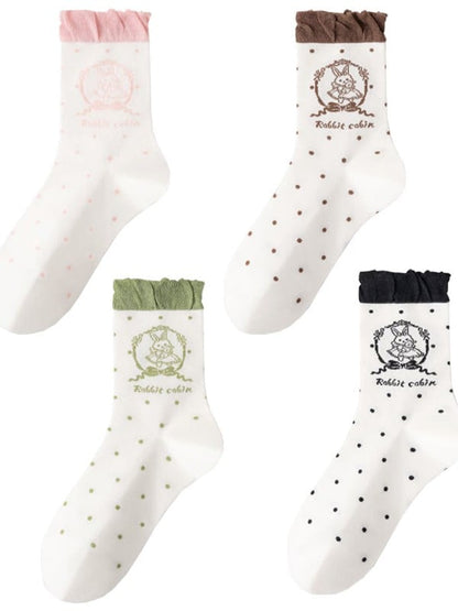 Polka-dot Mint Green/Pink/Black/Brown Print Stock Pattern Ruffled Bunny Calf Lolita