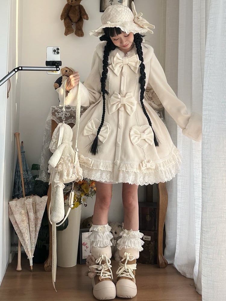 White Bow Accents Cape Lolita Coat with Lace Trim