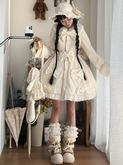 White Bow Accents Cape Lolita Coat with Lace Trim