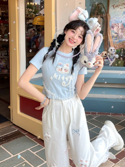 ロング/ショート ラウンドネック プラッシュバージョン ブルー Tシャツ 猫アップリケ