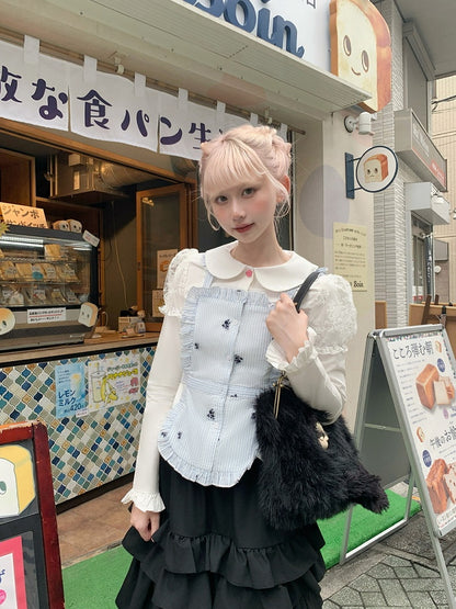 Top Ruffled Apron Black/White Peter with Pan Collar Faux Two-Piece