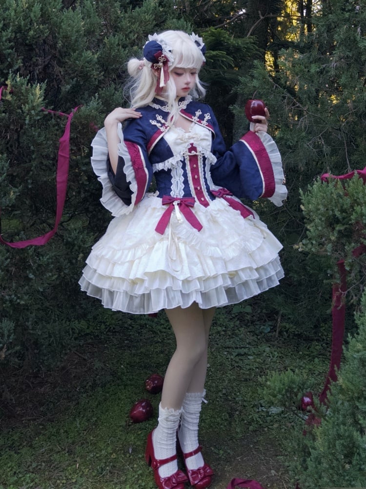 ダークブルーとレッドのドローストリングティアードフリルジャンパースカートセット