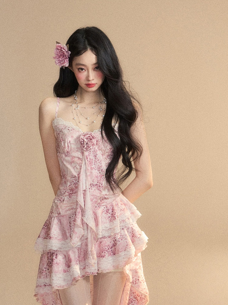 Ruffle Dress Slip Trim Cascading Gown Skirt Pink Tiered High-low