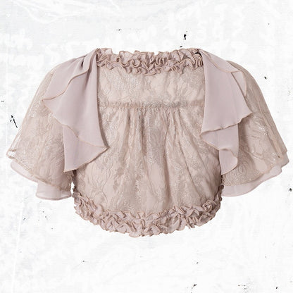 Dusty Pink Chiffon Cropped Top with Lace & Ruffle Trim - Romantic Punk Style