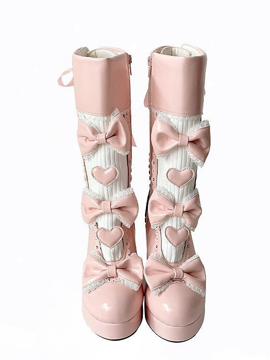 Pink Accents Elegant High-heel Heart Lolita Lace-trimmed Bow Boots Details Platform with