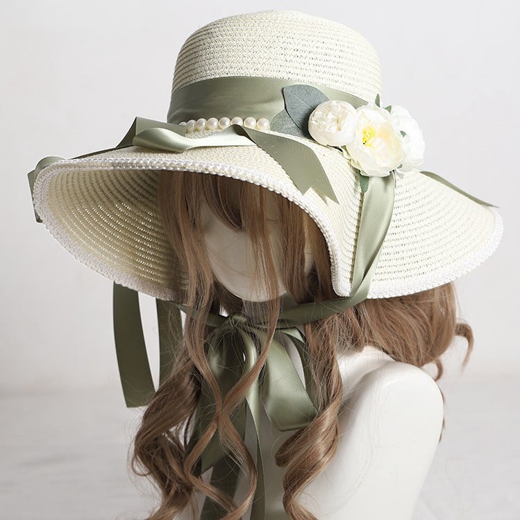 3 Color Options Country Lolita Pearl Floral Wide-Brim Straw Hat