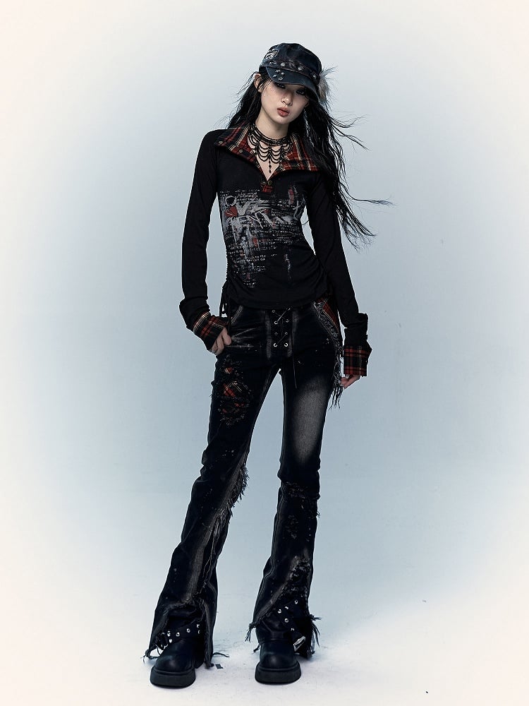 ブラック スプリットカフス ダメージ加工 フレアジーンズ レースアップ