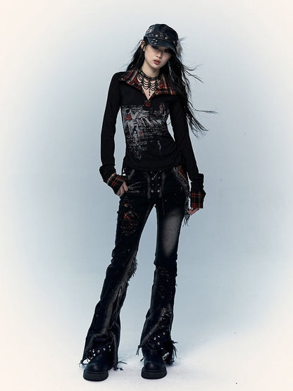 ブラック スプリットカフス ダメージ加工 フレアジーンズ レースアップ