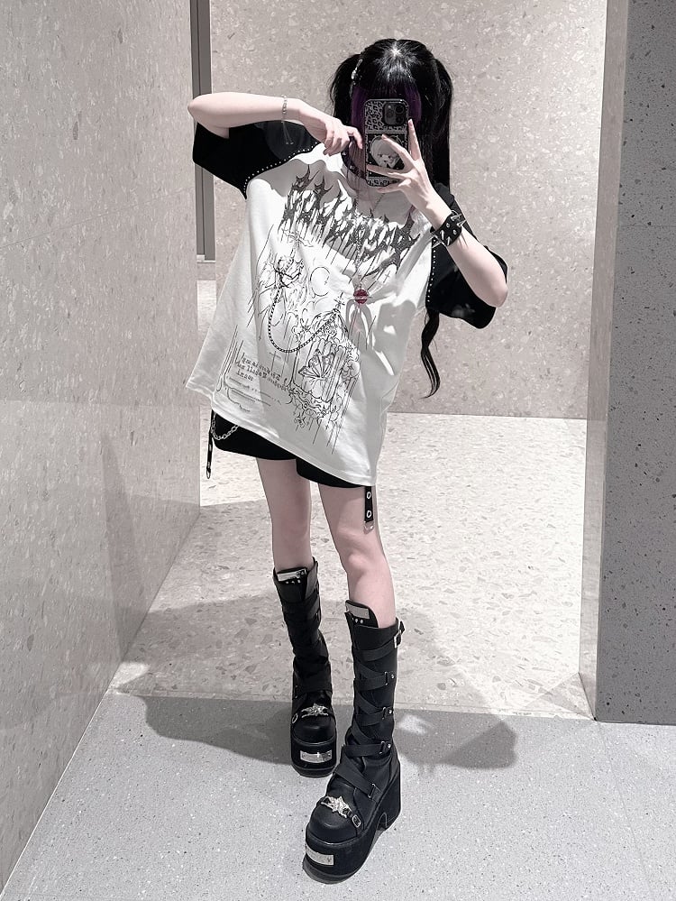 White & Black Jirai-Kei Raglan Short Sleeve Tee with Hot-Fix Rhinestone & Graphic Accents - Puzzles