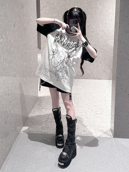 White & Black Jirai-Kei Raglan Short Sleeve Tee with Hot-Fix Rhinestone & Graphic Accents - Puzzles