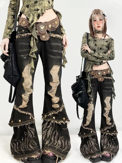 ミラードファッション ブラウン ウェイストランドパンク ハート型スタッズウエストベルト