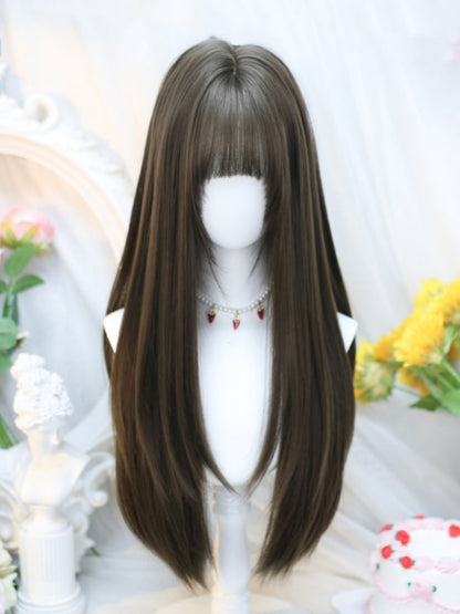Light Brown Under Bust Length Straight Wig with Air Bangs