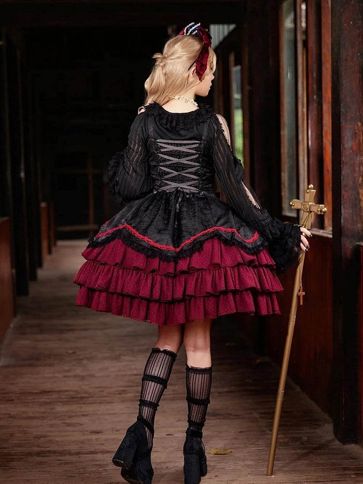 Ruffle Bead Red with Dress Accents Layered Bow Classic and Black Elegant Lolita