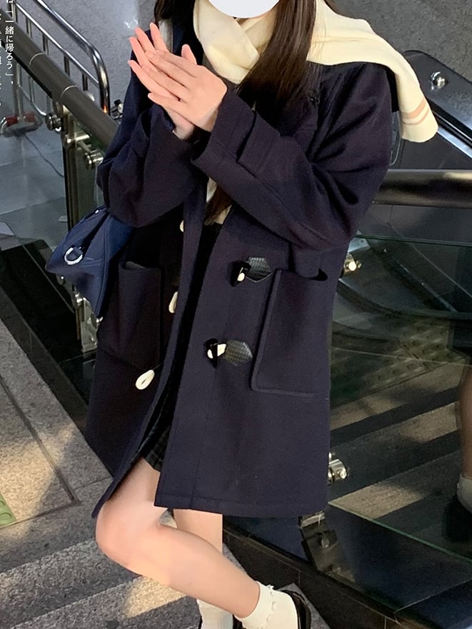 in Duffle Coat Blue Style JK Uniform Hooded Navy Preppy