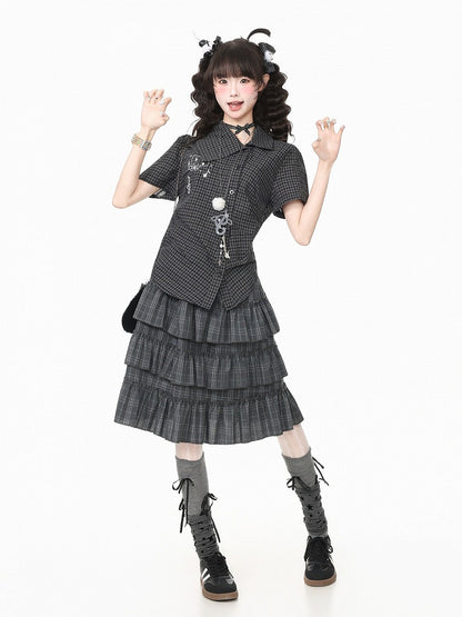 Black Asymmetrical Short Sleeve Top with Kitty Embroidery - Languid Park