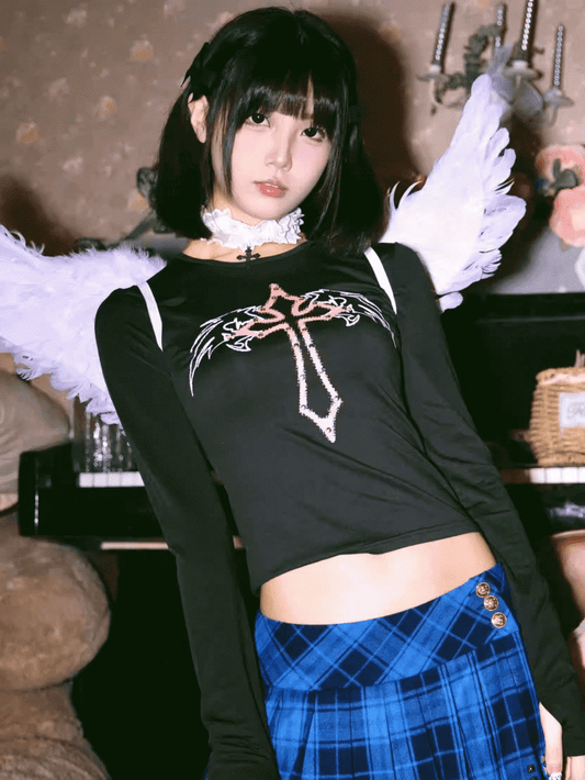 Gothic Cross and Wing Black Punk Cropped Top